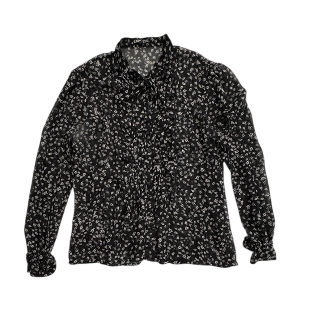 Express Black White Floral Blouse Ruffle Front Sheer Tie Neckline Office Size M - Picture 10 of 11